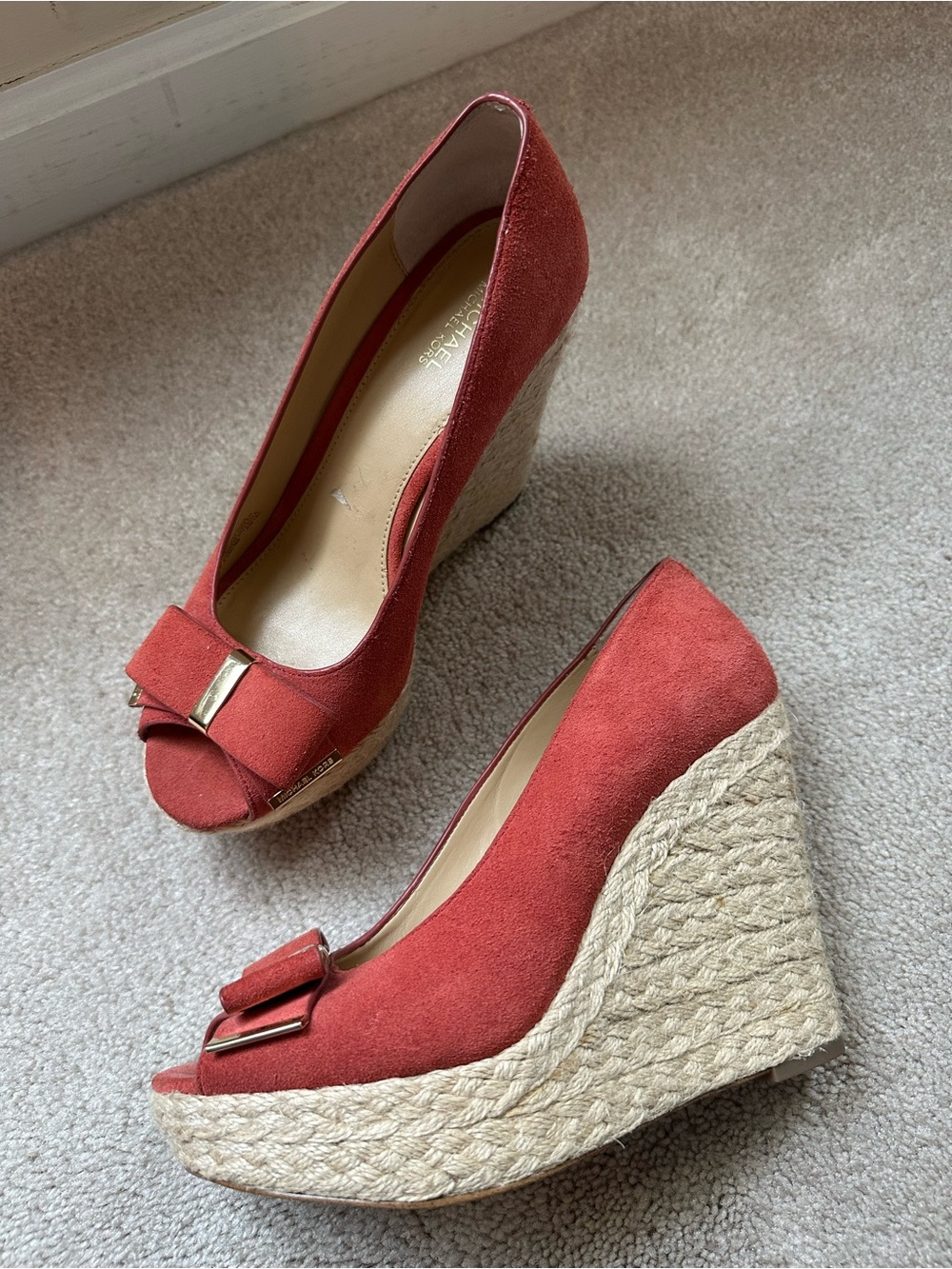 Michael Kors Coral Suede Peep-Toe Wedge Pumps with Bow Accent